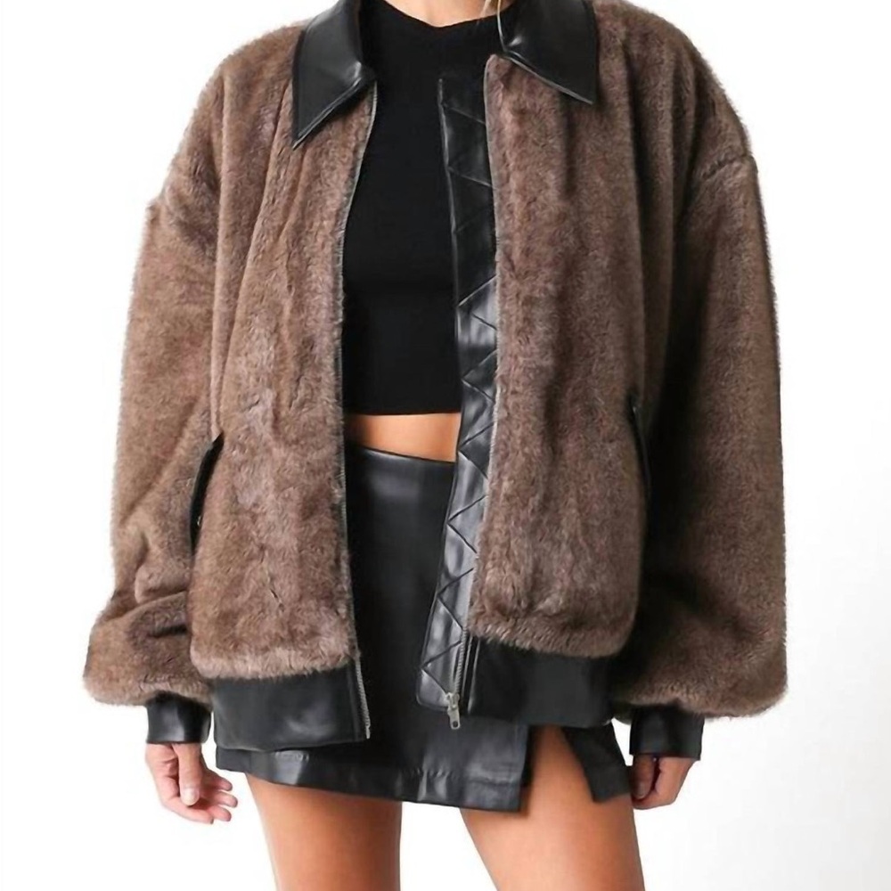 WeWoreWhat Faux Fur Bomber Jacket with vegan leather detailing